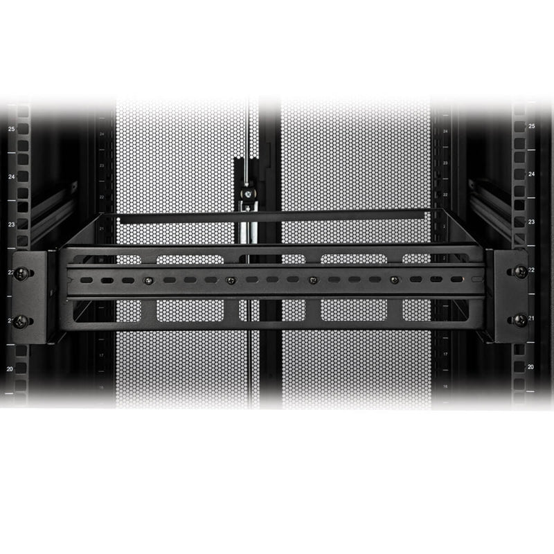 Close-up view of DIN rail mount installed in server rack showing mounting points