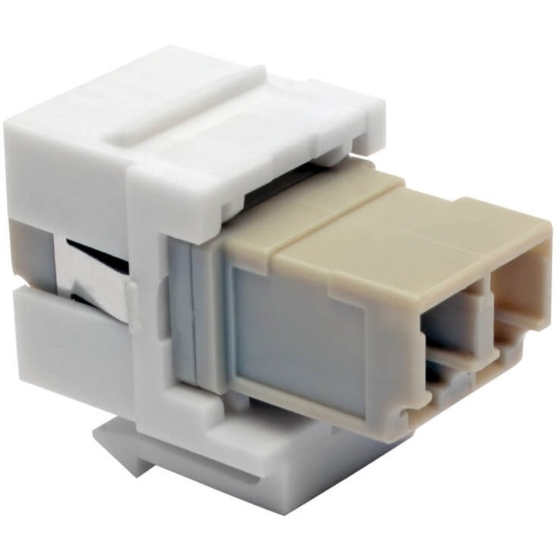 Side angle view of Tripp Lite LC duplex fiber coupler showing mounting mechanism and internal structure-alternate-image2