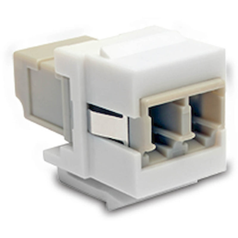 Front view of white Tripp Lite LC duplex multimode fiber coupler keystone jack showing dual LC ports