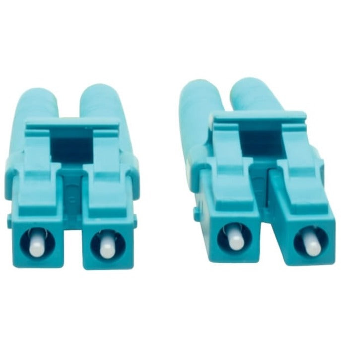 Detailed view of turquoise LC connector ports and latch mechanism