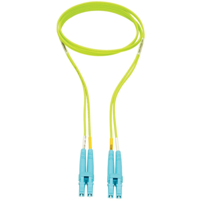 Full length view of lime green OM5 fiber cable with turquoise LC connectors