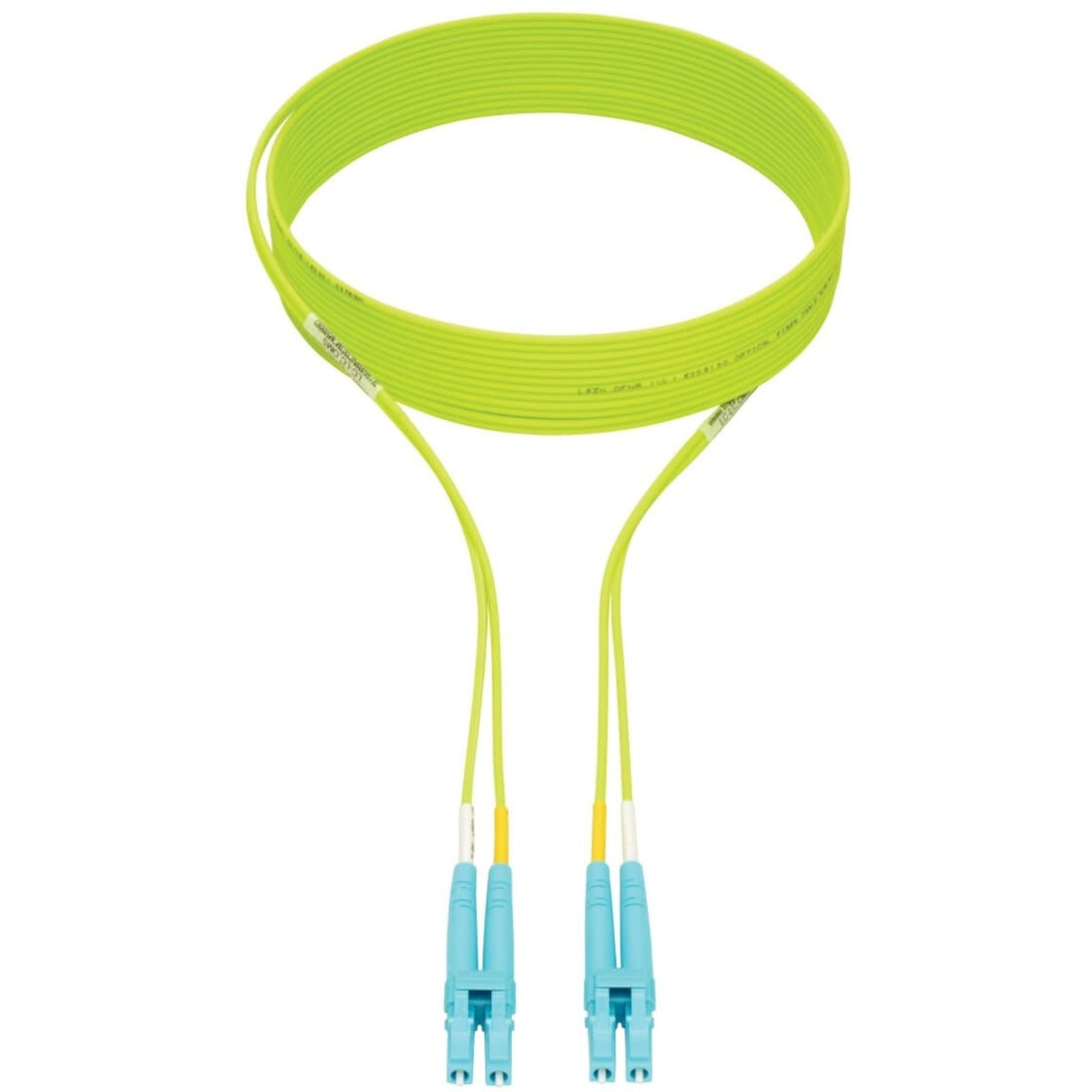 Full length view of lime green OM5 fiber optic patch cable with LC connectors-alternate-image2