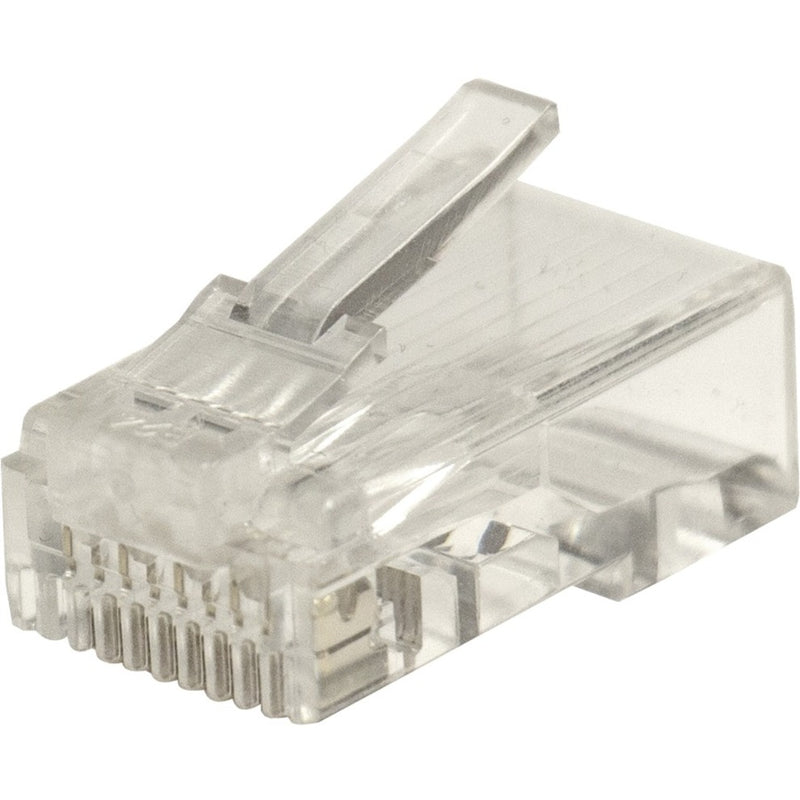 Clear plastic RJ45 Cat5e connector with gold-plated contacts and transparent housing showing internal wire arrangement