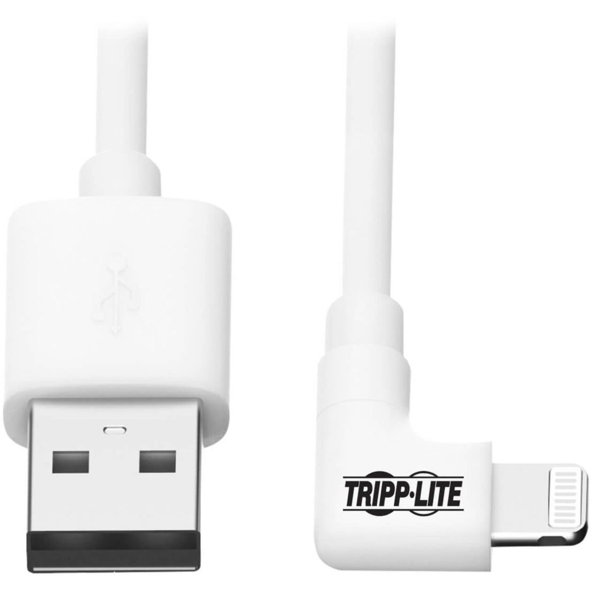 Close-up of Tripp Lite cable showing right-angle Lightning connector and USB-A end-alternate-image1