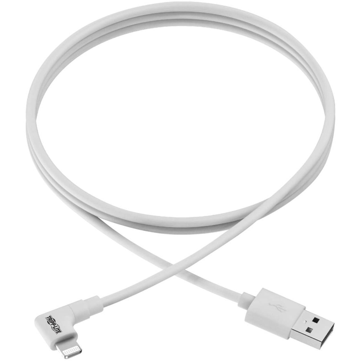 Tripp Lite M100-003-LRA-WH Sync/Charge Lightning/USB Data Transfer Cable, 3 ft, Reversible, Right-angled Connector, MFI Certified