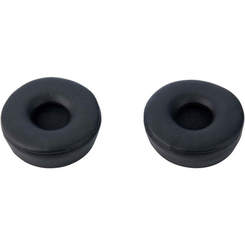 Two black leatherette ear cushions for Jabra Engage headsets shown side by side on white background