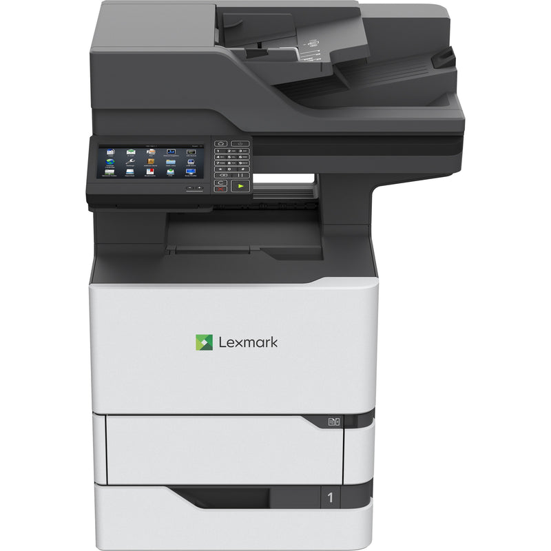 Front view of Lexmark MX722adhe multifunction laser printer showing 7-inch touchscreen interface, document feeder, and multiple paper trays