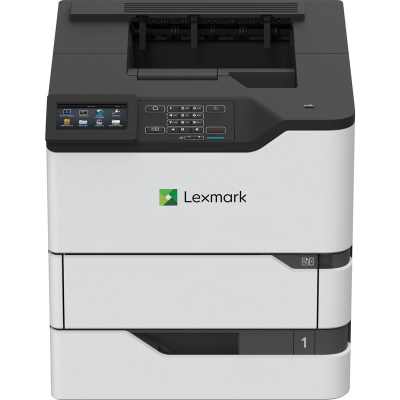 Front view of Lexmark MS822de monochrome laser printer showing 4.3-inch touchscreen display, numeric keypad, and dual paper trays in white and black design