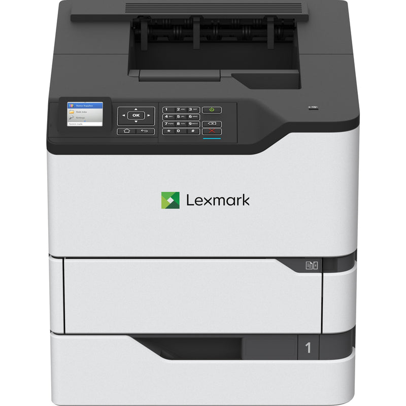 Front view of Lexmark MS725dvn laser printer showing control panel, LCD screen, and paper output tray