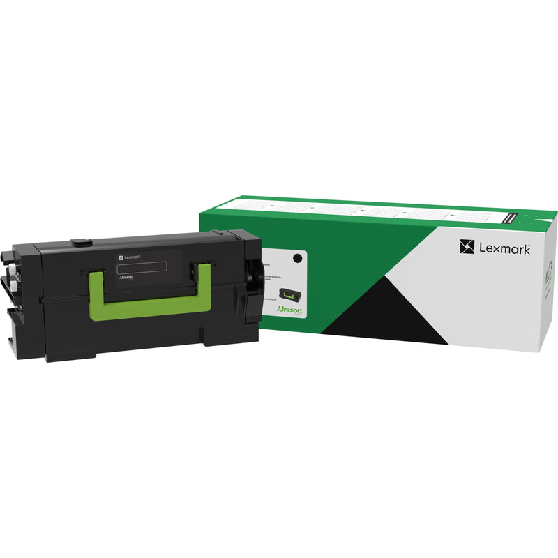 Lexmark 58D1000 black toner cartridge shown with retail packaging featuring green and white Lexmark branding