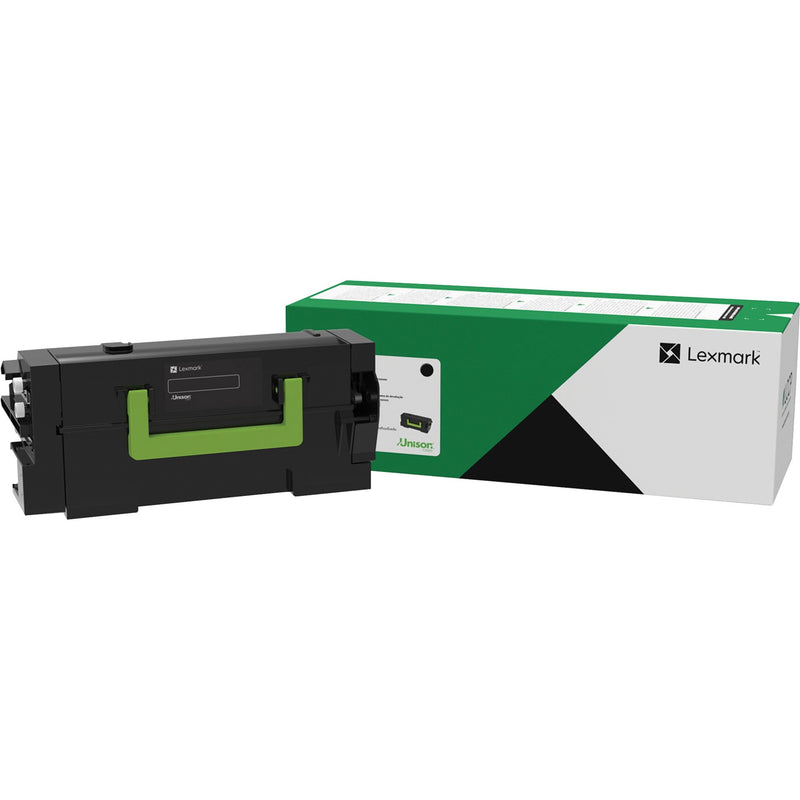 Lexmark 58D1U00 black ultra high yield toner cartridge with return program packaging showing cartridge and box