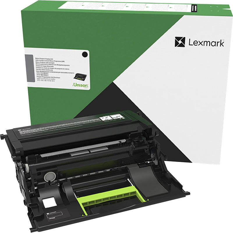 Lexmark 58D1H00 Black High Yield Return Program Toner Cartridge with green packaging and exposed internal components