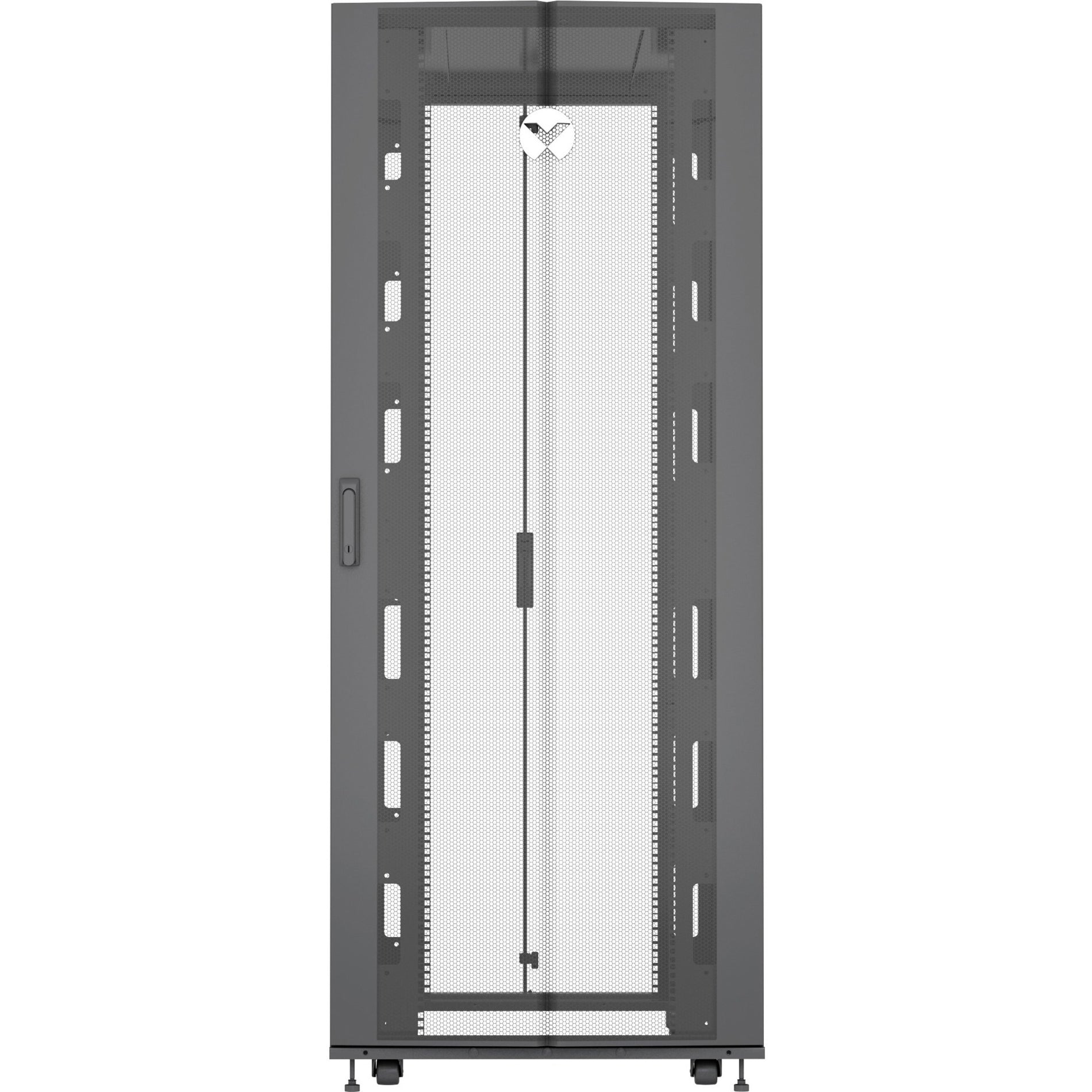 Front view of Vertiv VR3100 server rack showing perforated mesh door design with integrated locking mechanism-alternate-image1