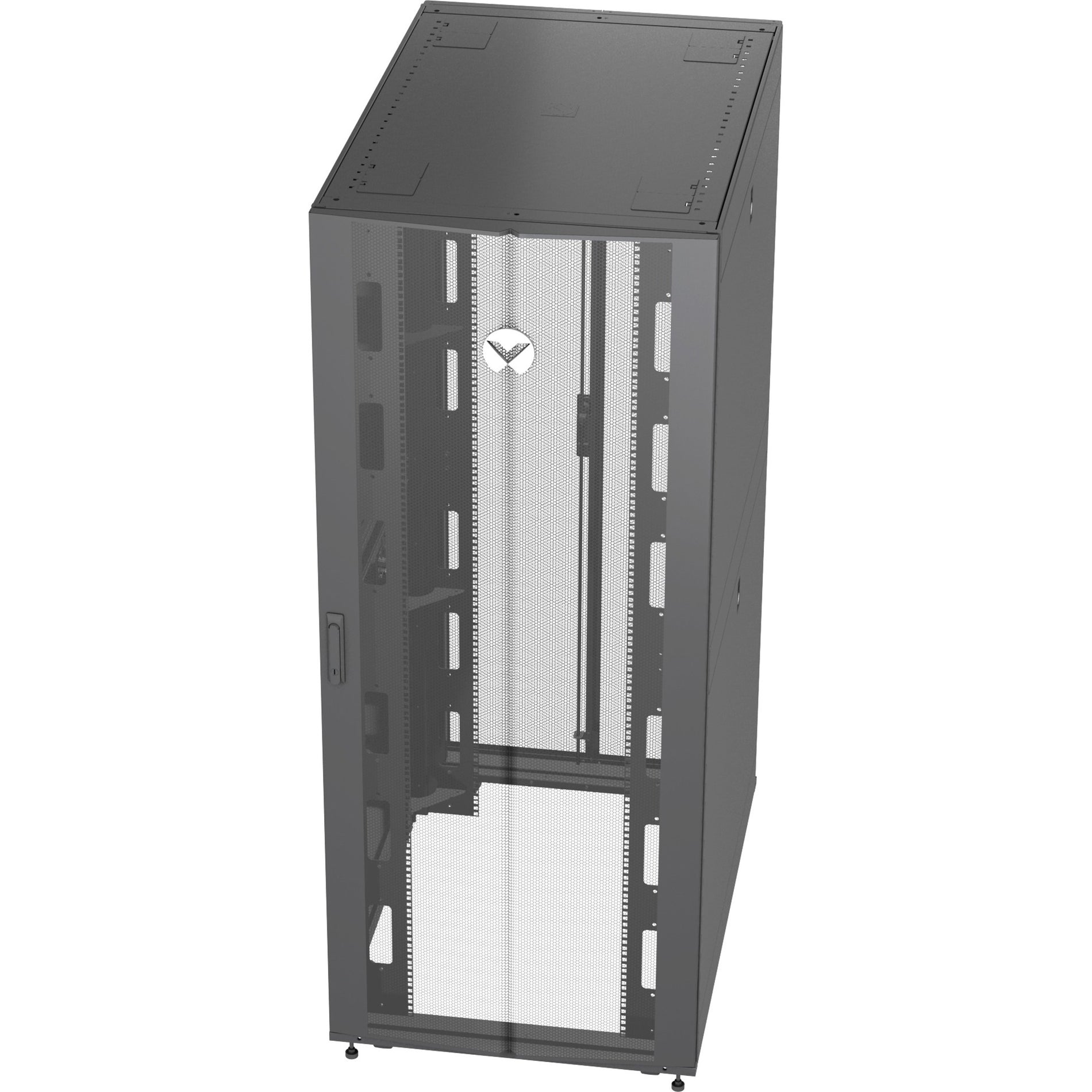 Angled view of Vertiv VR3100 server rack highlighting zero-U mounting spaces and vertical rails-alternate-image2