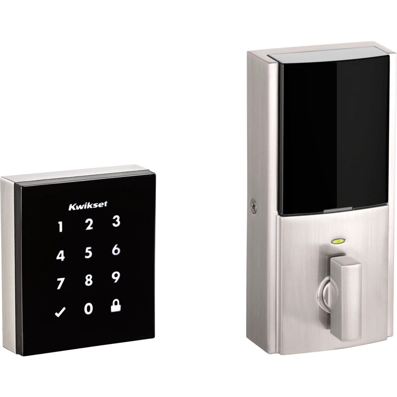 Front and back view of Kwikset Obsidian smart lock system showing touchscreen and interior mechanism