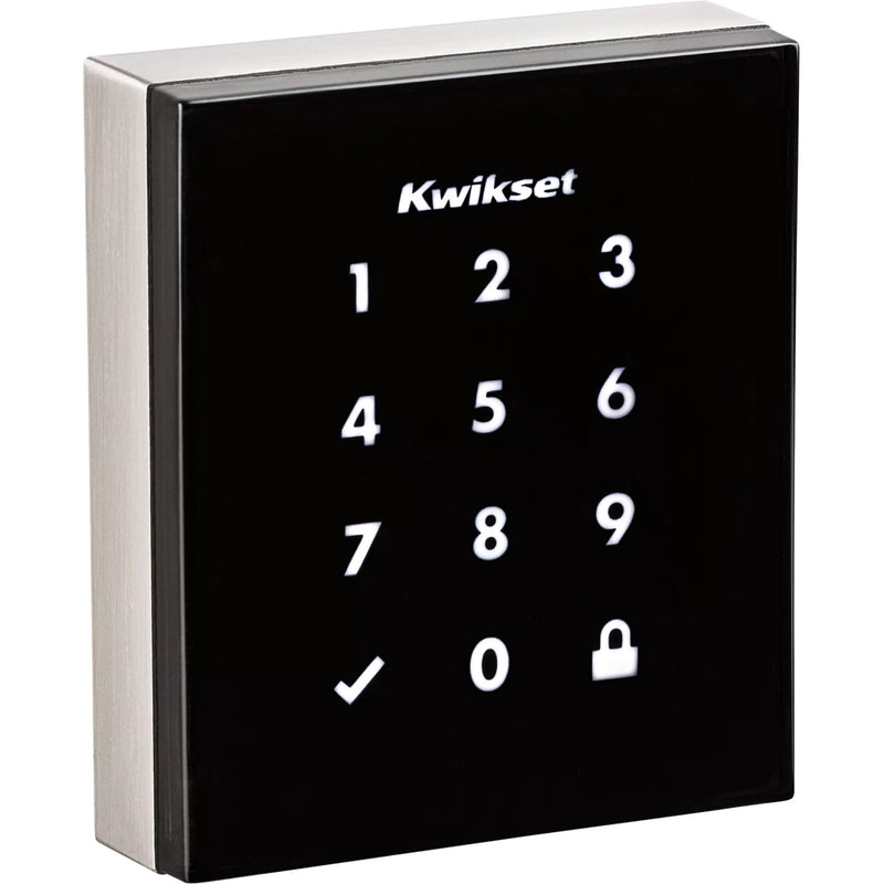 Kwikset Obsidian smart lock touchscreen interface showing illuminated numeric keypad with lock controls