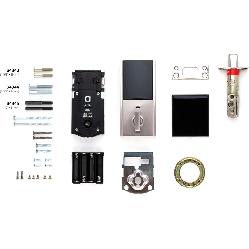 Exploded view of Kwikset Obsidian smart lock components and installation hardware