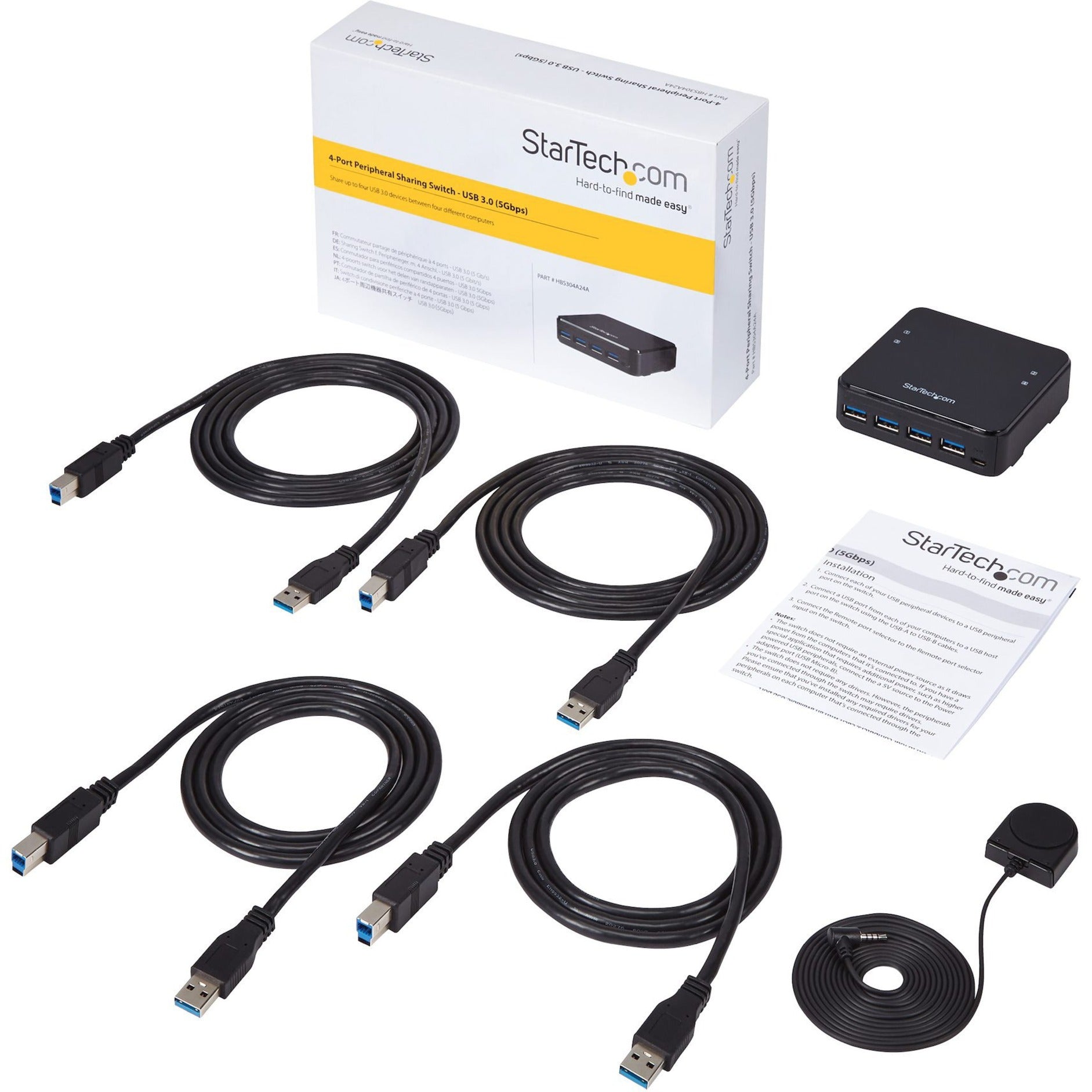 StarTech.com HBS304A24A สวิตช์แชร์ USB 3.0 4X4 สวิตช์ USB สำหรับ Mac / Windows / Linux สวิตช์ USB 3.0 4 พอร์ต - สวิตช์ USB A/B