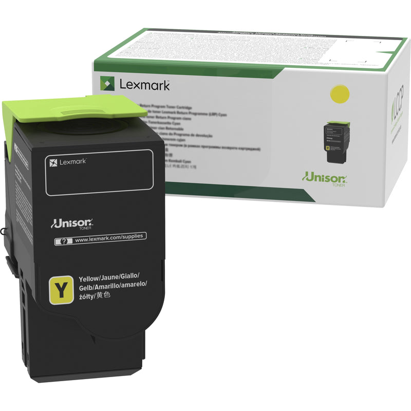 Lexmark 78C10Y0 yellow toner cartridge shown with retail packaging featuring Unison technology branding