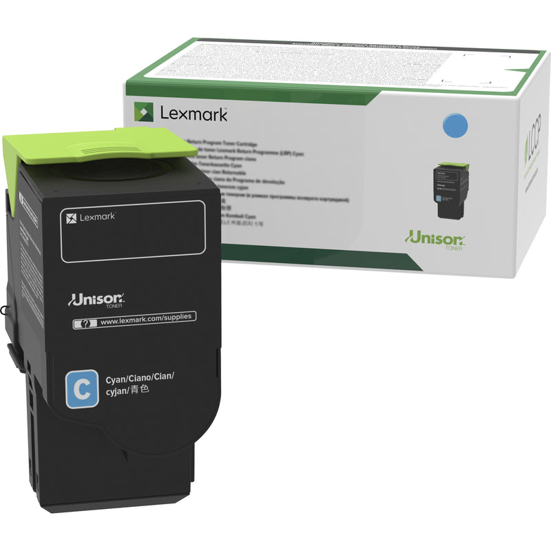 Lexmark 78C1UC0 cyan ultra high yield toner cartridge with retail packaging showing product details and Unison technology branding