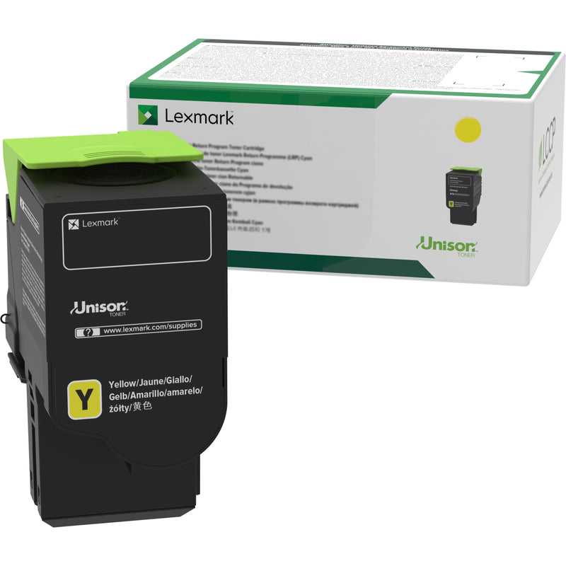 Lexmark 78C1UY0 yellow toner cartridge shown with retail packaging featuring Unison technology branding