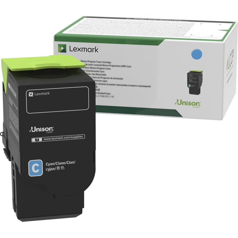 Lexmark 78C10C0 cyan toner cartridge shown with retail packaging featuring Unison technology branding