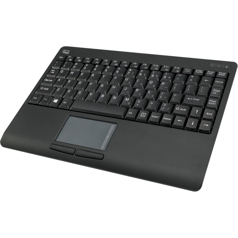 Angled view of Adesso wireless keyboard highlighting ergonomic design