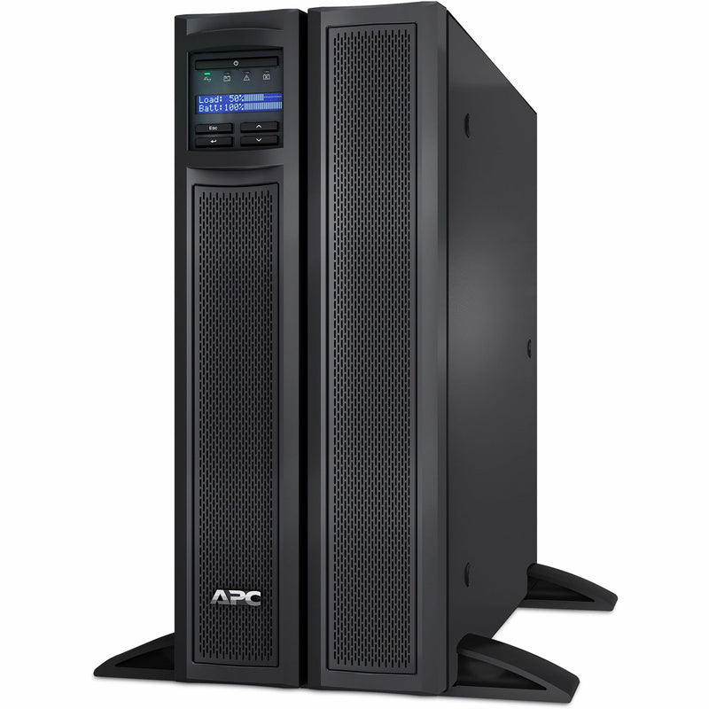 Front view of APC Smart-UPS X 3000VA in tower configuration showing LCD display and ventilated front panels