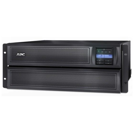 Rack-mounted configuration of APC Smart-UPS X 3000VA showing LCD display and mesh front panels