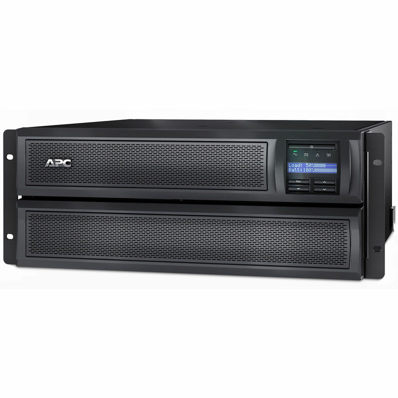 Front view of APC Smart-UPS X 3000VA rack-mounted UPS showing LCD display and ventilated front panel