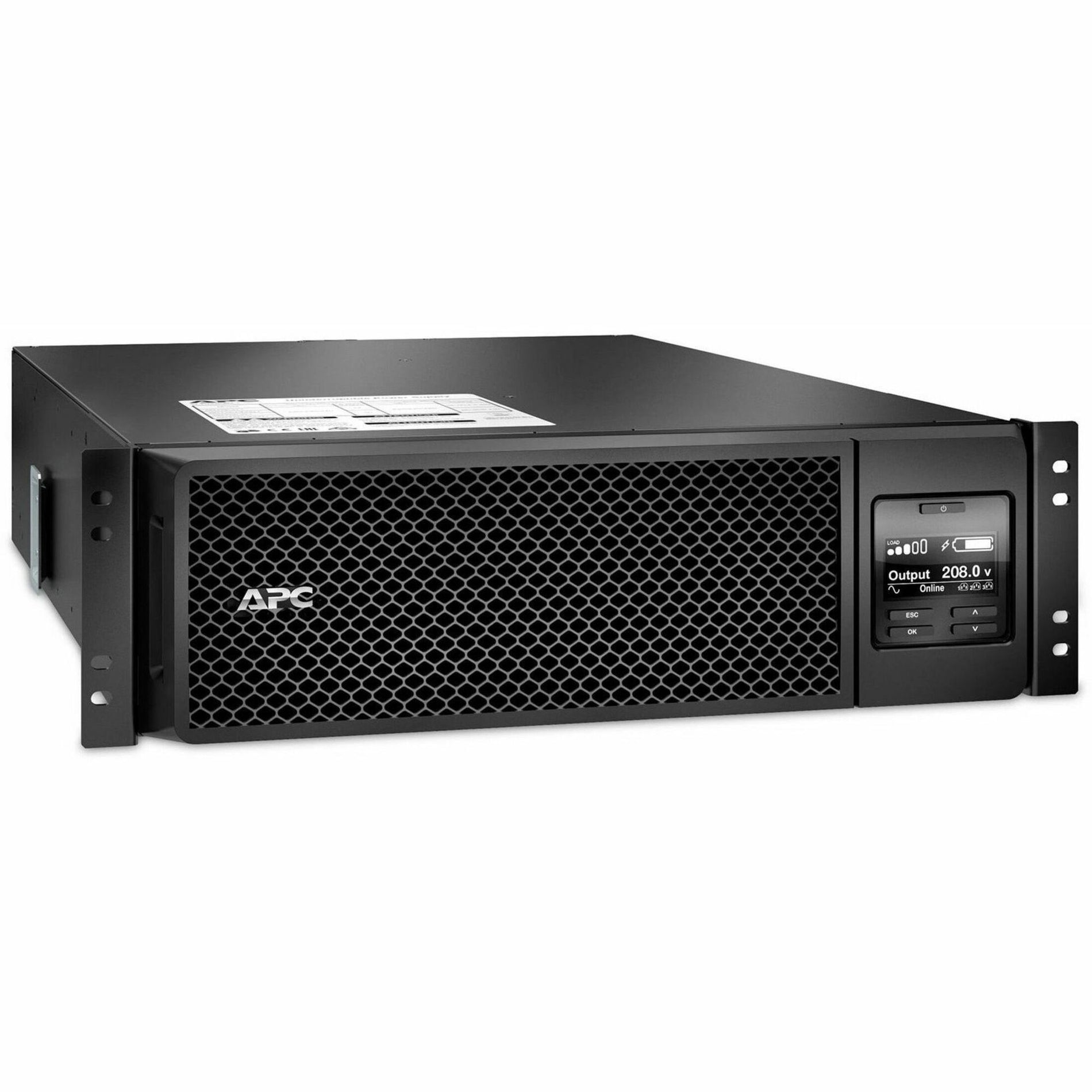 Front view of APC Smart-UPS SRT 5000VA rack-mount UPS showing LCD display and ventilation grill-alternate-image1