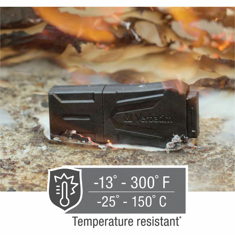 ToughMAX USB drive with temperature resistance specifications overlay