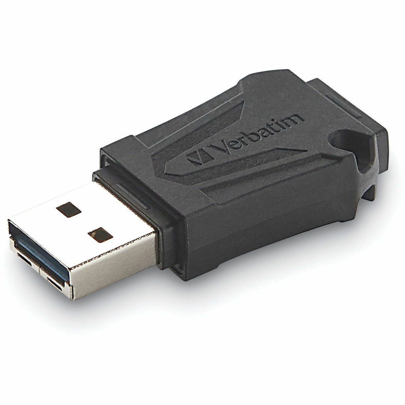 Close-up view of Verbatim ToughMAX USB drive showing reinforced black casing and USB connector