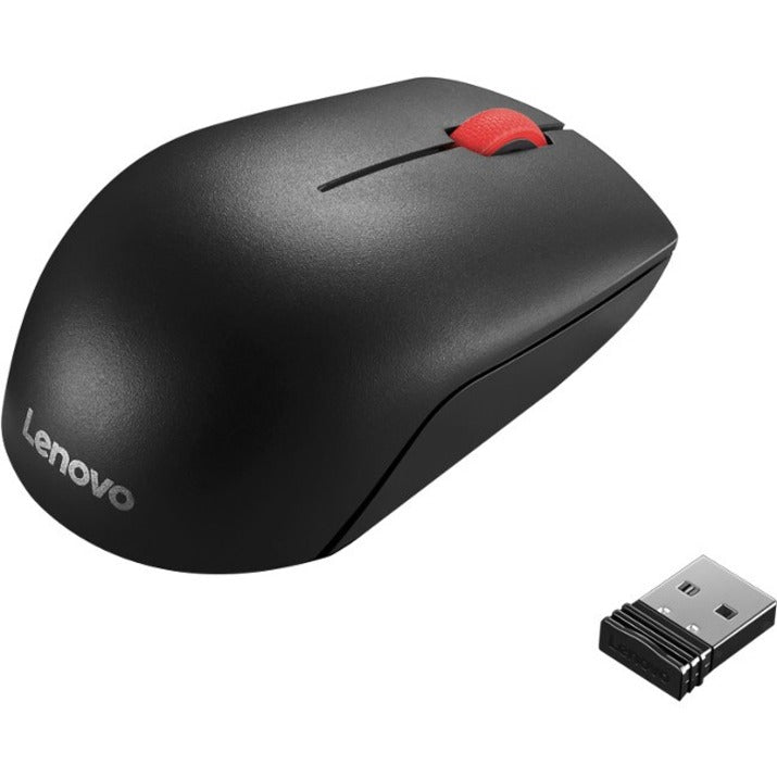 Lenovo Essential Compact Wireless Mouse in black with red scroll wheel and USB nano receiver