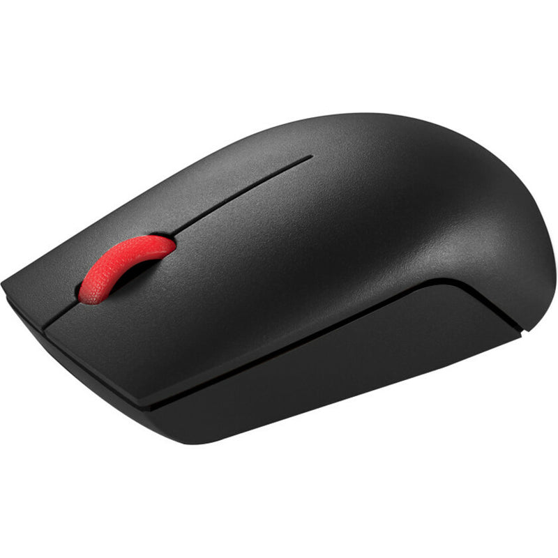 Top angled view of Lenovo Essential Wireless Mouse showing ergonomic design and red scroll wheel