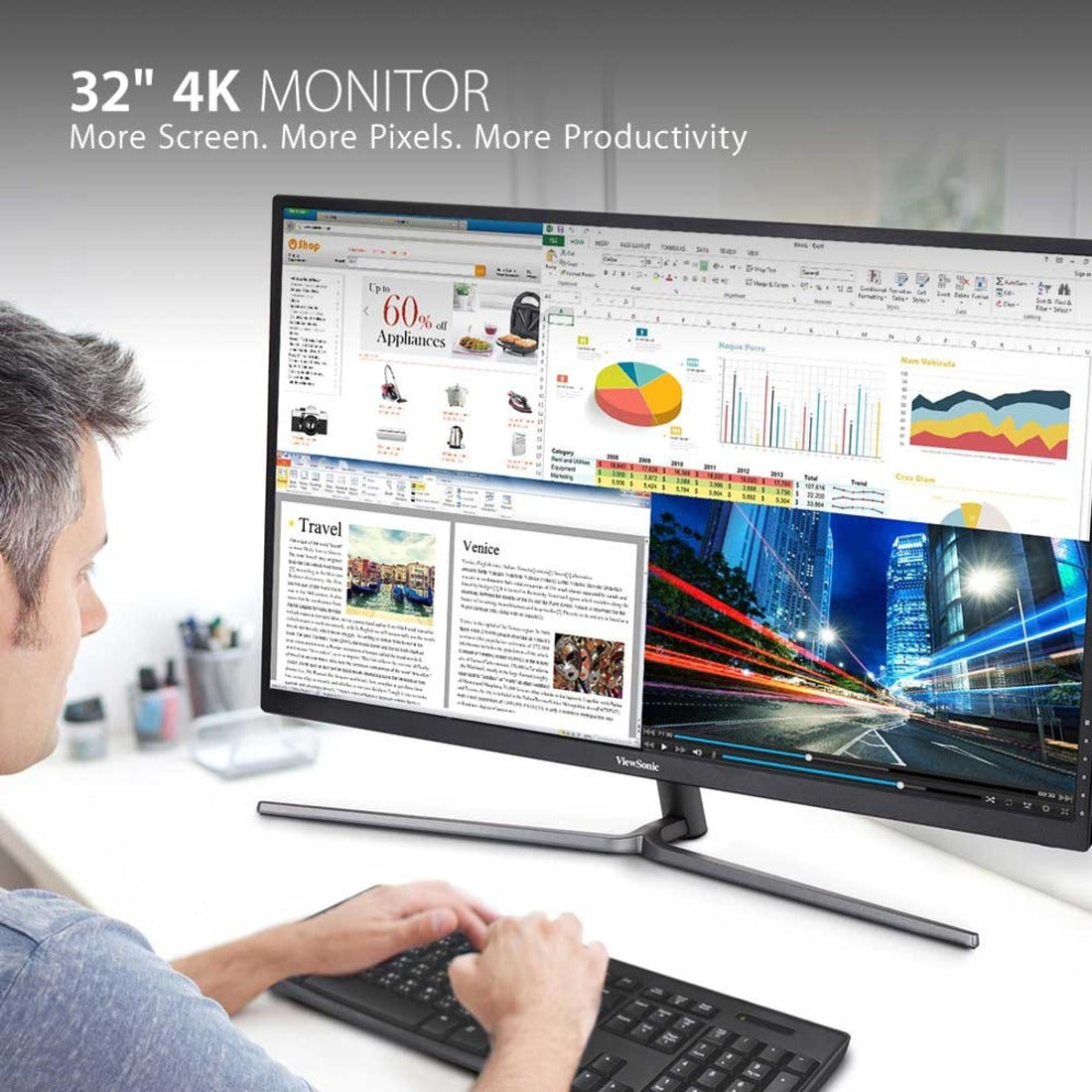 ViewSonic VX3211-4K-MHD Widescreen LCD Monitor, 32IN 3840X2160 UHD 300CD 10BIT COLOR 2HDMI DP SP IN