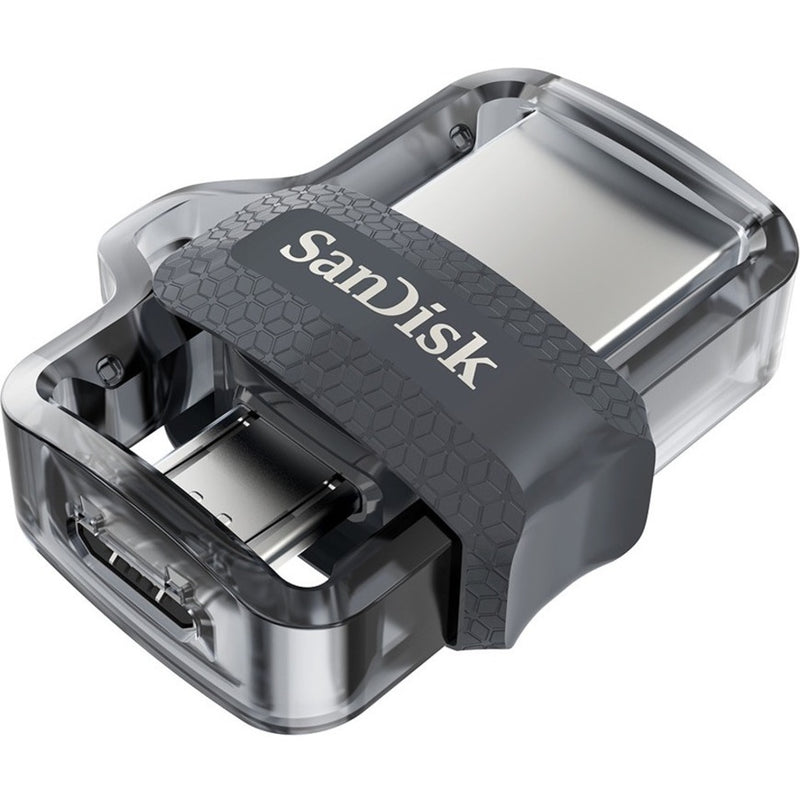 Close-up view of SanDisk Ultra Dual Drive m3.0 showing retractable connector mechanism and hexagonal grip pattern