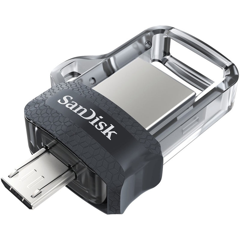 SanDisk Ultra Dual Drive m3.0 with micro-USB connector extended, showing metallic finish and textured grip design