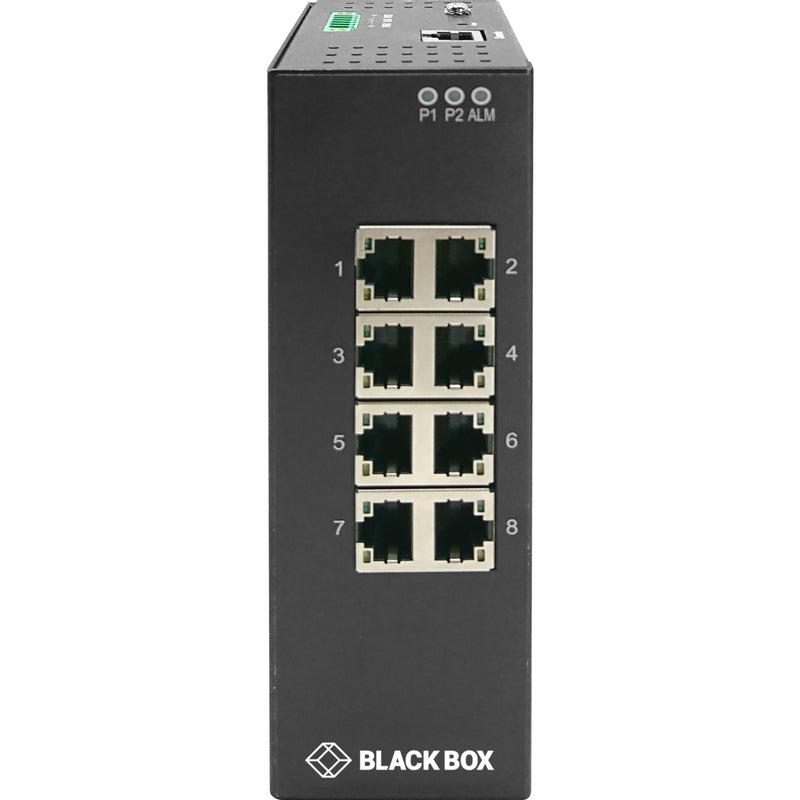 Front view of Black Box LIG1080A industrial ethernet switch showing 8 RJ-45 ports, status LEDs, and manufacturer logo