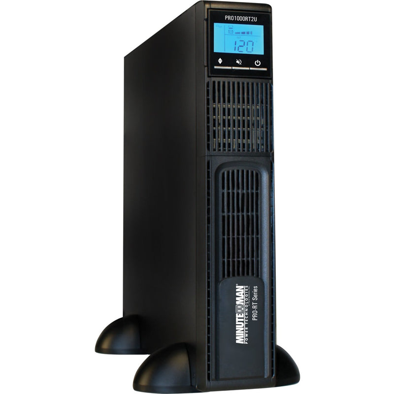 Minuteman PRO1000RT2U UPS in tower configuration with stabilizing base stands