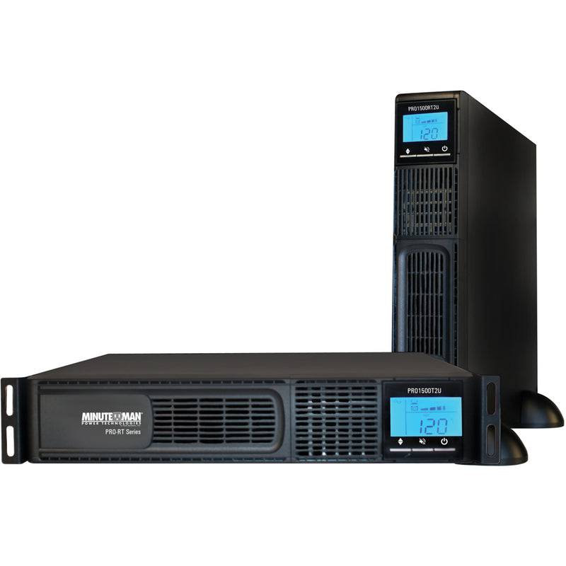 Minuteman PRO1500RT2U UPS shown in both rack mount and tower configurations