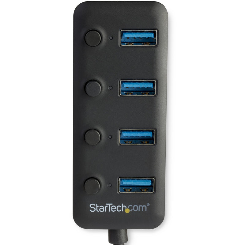 Detailed view of USB hub ports with individual power buttons and LED indicators