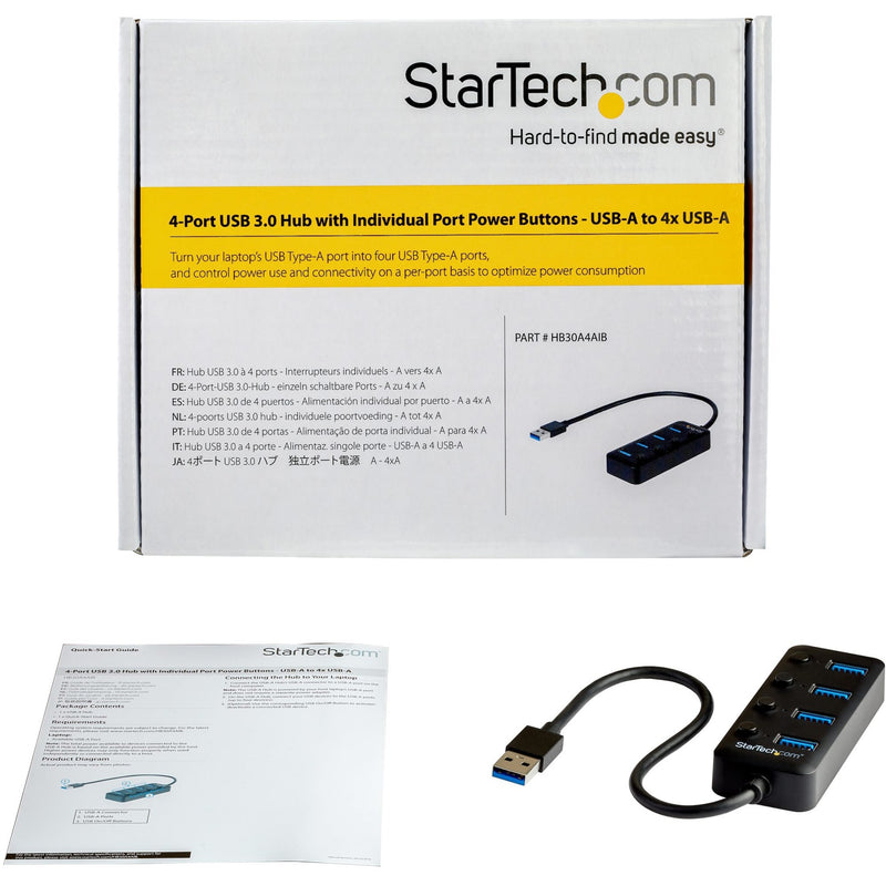 Product packaging and contents including USB hub, manual, and connection cable