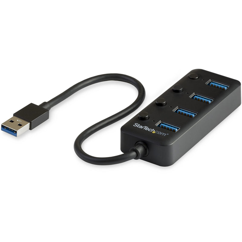 StarTech.com 4-port USB 3.0 hub with individual power switches and attached USB cable