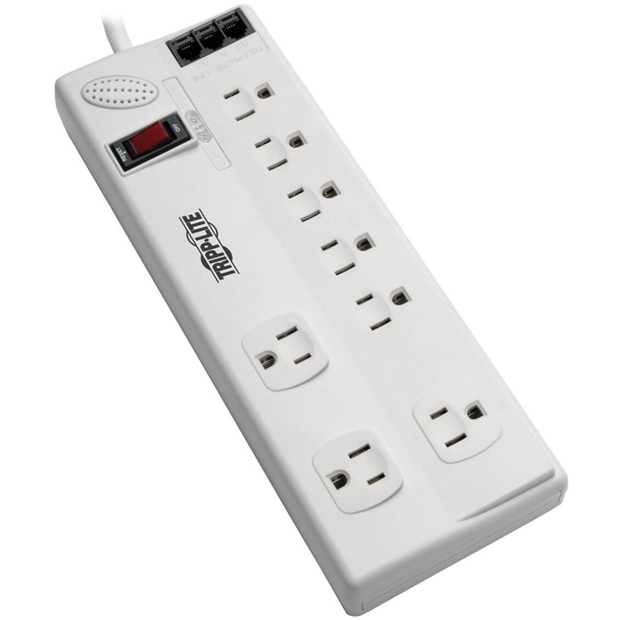 Front angled view of white Tripp Lite surge protector showing 8 outlets and power switch-alternate-image1