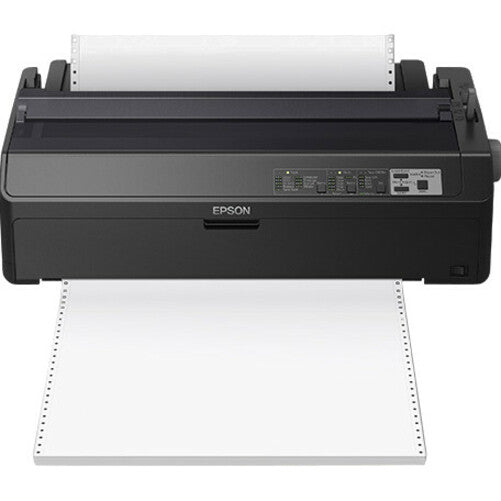 Front view of Epson LQ-2090II NT with continuous form paper loaded showing paper path