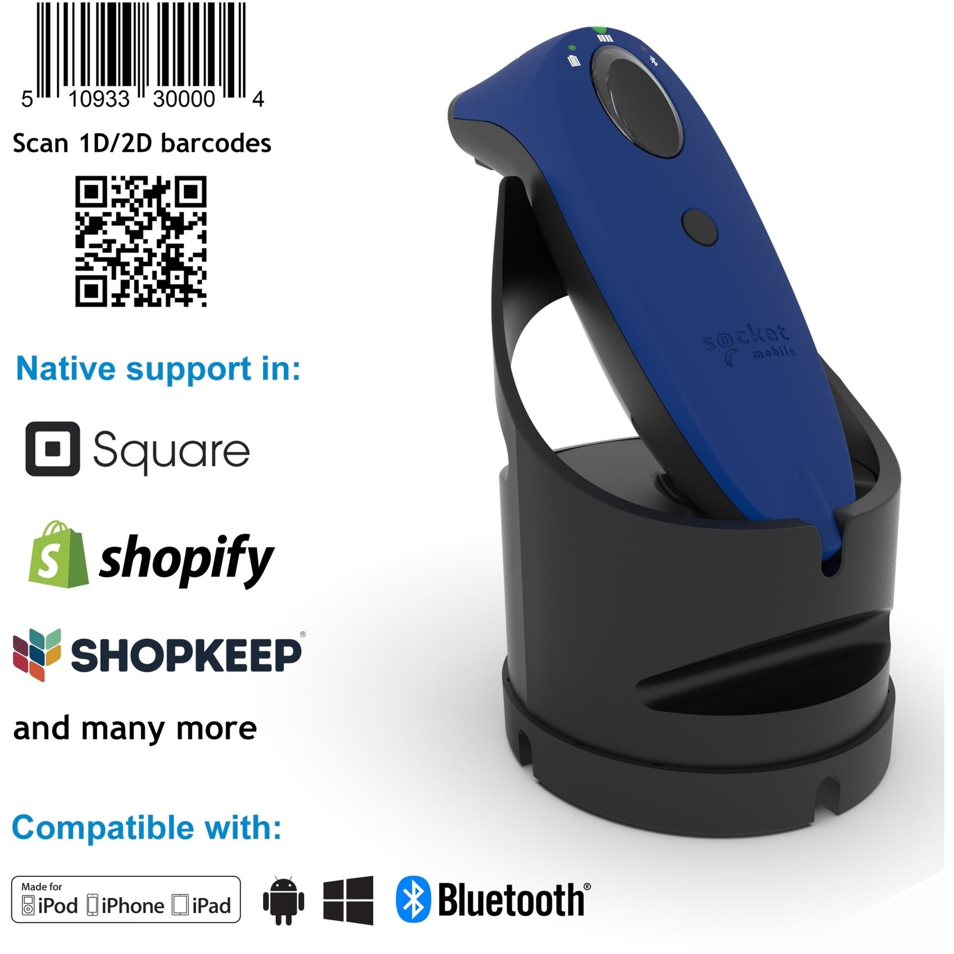 SocketScan S740 barcode scanner in blue with black charging dock showing compatibility with Shopify, Square and other POS platforms-alternate-image1