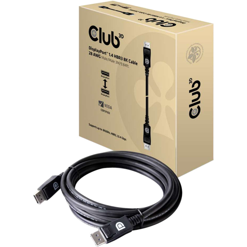 Club 3D DisplayPort cable retail packaging showing VESA certification and product specifications