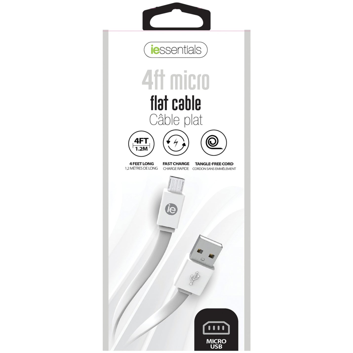 DigiPower IEN-FC4M-WT Micro-USB/USB Data Transfer Cable, 4 ft Charging, Tangle-free, Flat, White