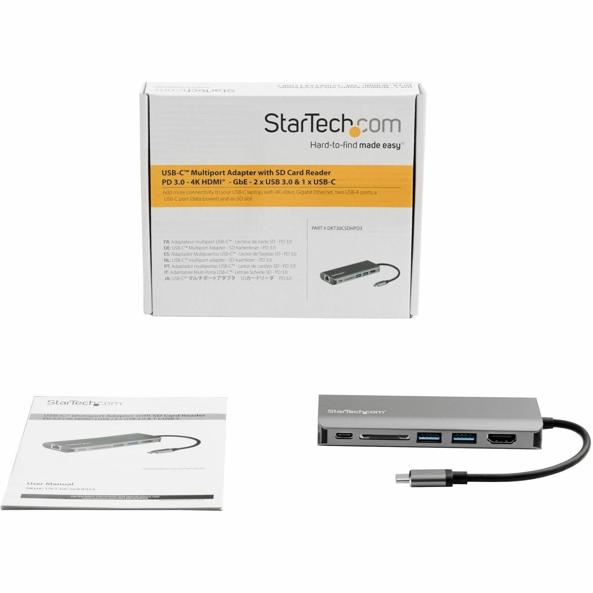 StarTech.com DKT30CSDHPD3 USB-C Multiport Adapter with HDMI - SD Reader - PD 3.0, 4K Display, Gigabit Ethernet